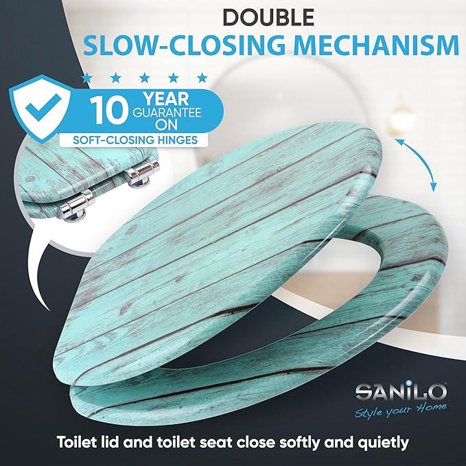 SANILO Wooden Toilet Seat with Soft Close [ELONGATED] - Decorative, Quiet & Slow Close Molded Wood Seat - With Strong Bumpers & Hinges - Adjustable Fit - Lumber - ModernBath