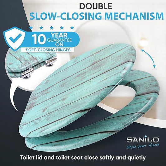 SANILO Wooden Toilet Seat with Soft Close [ELONGATED] - Decorative, Quiet & Slow Close Molded Wood Seat - With Strong Bumpers & Hinges - Adjustable Fit - Lumber - ModernBath