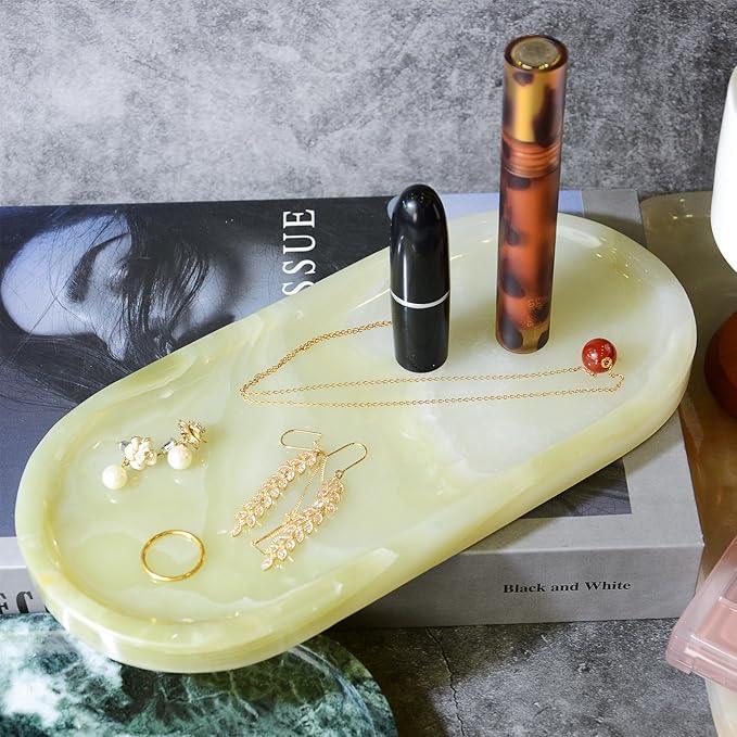 SWRONP Marble Tray for Kitchen Counter,Stone Tray for Bathroom Countertop,Dresser Small Vanity Decor,Storage Trays for Perfumes,Candles,Jewelry (Greener) - ModernBath