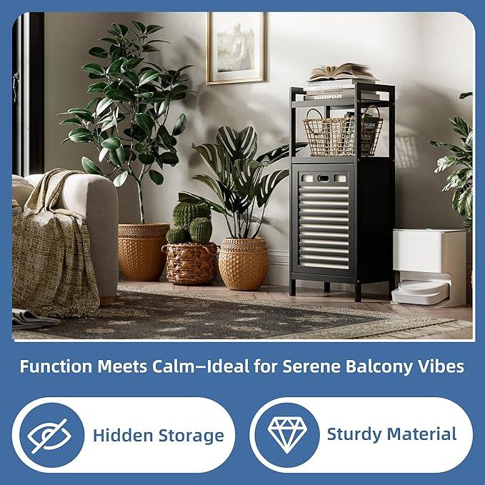 HITNET Tilt Out Laundry Hamper, Bamboo Bathroom Cabinet with Pull Out Removable Bag and 2 Tier Storage Shelves, 8.5 Gallon Clothes Basket with Metal Handle, Black - ModernBath