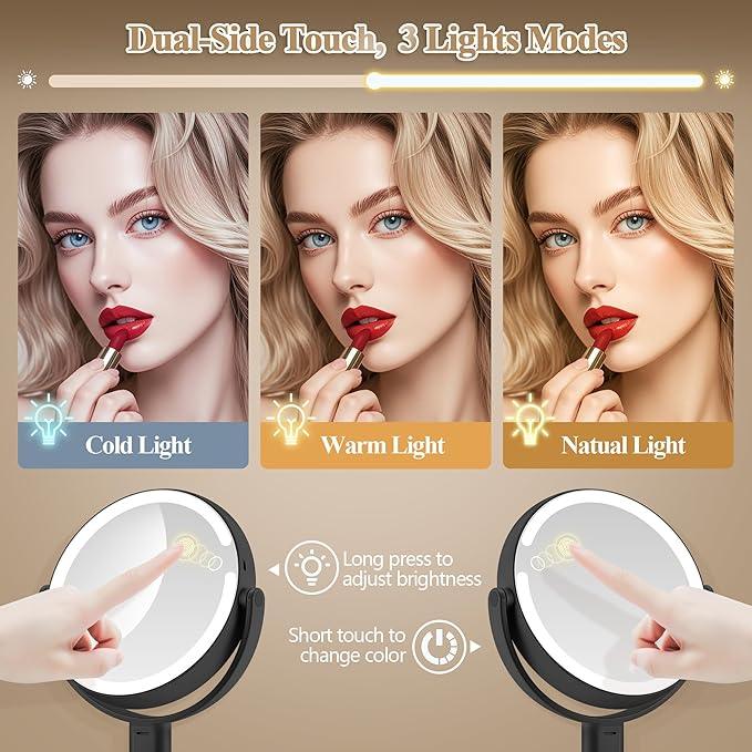 MOMOKUBA Makeup Mirror with Lights, Double Sided 1x/20x Magnifying Mirror with Light, Rechargeable 3 Color Lights and Adjustable Brightness, 360° Rotation Detachable Comes with Tweezer(Black) - ModernBath