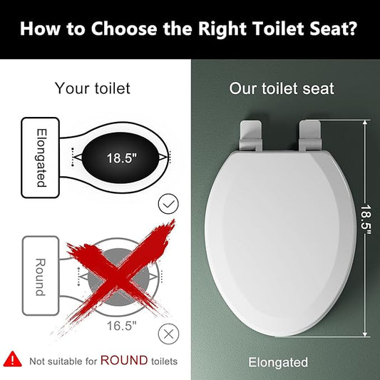 Elongated Toilet Seat Angol Shiold Quiet-Close Molded Wood Toilet Seat with Non-Slip Adjustable Hinges, Anti-Pinch Bumpers, Easy Install & Clean（White, Elongated 18.5''）