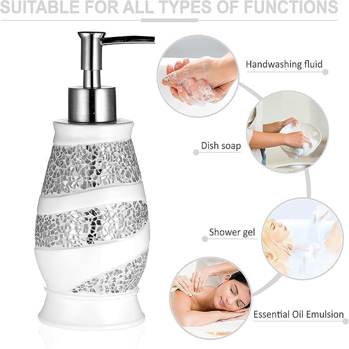 Zahari Home 4pc Sinatra Stylish Bathroom Accessories Set White Soap Dispenser, Tumbler, Tooth Brush Holder and Soap Dish Modern Classic Luxury Decor Bling Mosaic Glass White Bathroom Accessories - ModernBath
