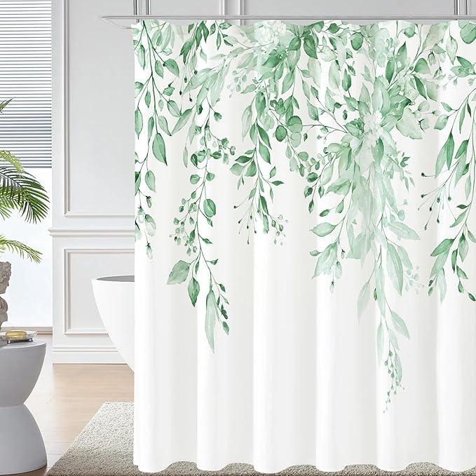 Gibelle Mint Green Eucalyptus Shower Curtain, Watercolor Plant Leaves with Floral Bathroom Shower Curtain Set with Hooks, 72x72 - ModernBath