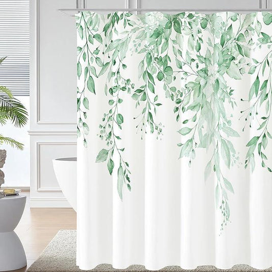 Gibelle Long Shower Curtain 72 x 78, Tall Mint Green Floral Shower Curtain for Bathroom, Watercolor Plant Eucalyptus Leaves Fabric Shower Curtain Set - ModernBath