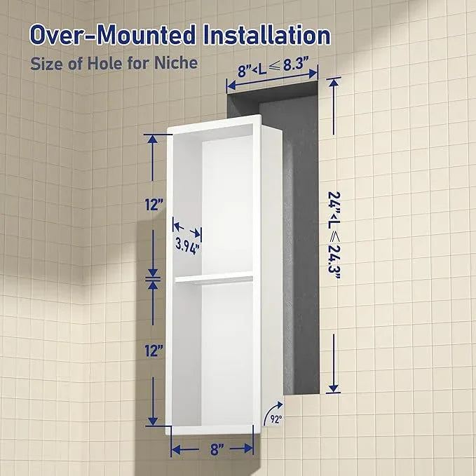 Stainless Steel Shower Niche 8"×24" White Double Shelves No Tiled Needed Niche Shower for Wall Recessed Shower Shelf for Bathroom Storage - ModernBath