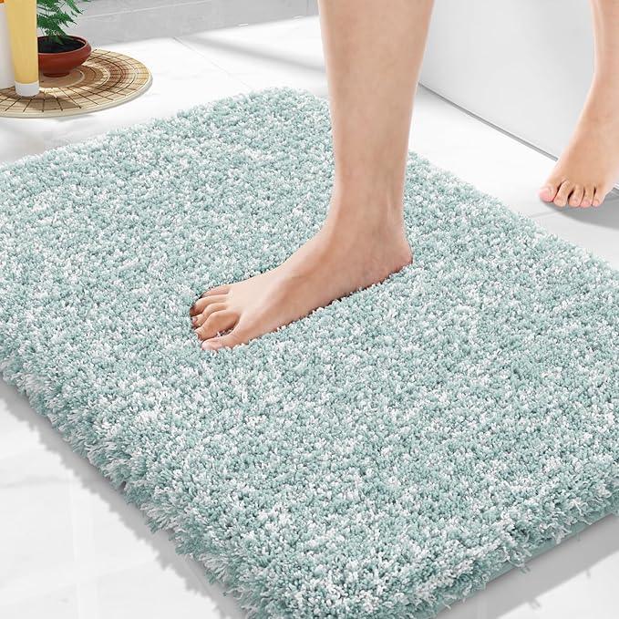 Yimobra Bathroom Rugs Non Slip Washable, Ultra Soft and Water Absorbent Bath Mats, Plush Fluffy Shower Mat Outside, Microfiber Thick Matts for Bathroom Floor/Sink, 24x17, Sky Light Blue and White - ModernBath