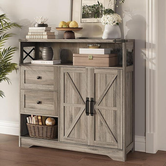 Fameill Farmhouse Storage Cabinet with Drawers and Open Storage,Freestanding Kitchen Pantry with 2 Barn Doors, Floor Cabinet with Adjustable Shelf for Living Room,Grey - ModernBath