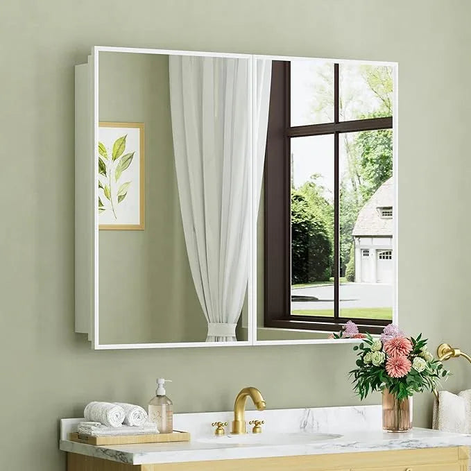 Buruis 36" x 30" Framed Medicine Cabinet with Mirror, Recessed or Wall Mounted Bathroom Cabinet, Adjustable Tempered Glass Shelves, Left/Right Open Reversible, No Assembly Required, White - ModernBath