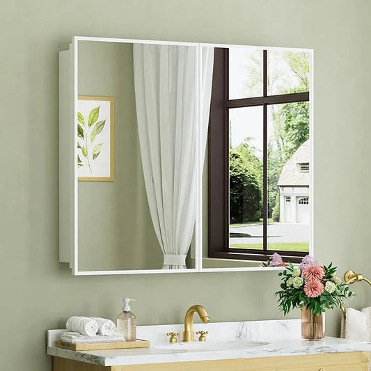 Buruis 36" x 30" Framed Medicine Cabinet with Mirror, Recessed or Wall Mounted Bathroom Cabinet, Adjustable Tempered Glass Shelves, Left/Right Open Reversible, No Assembly Required, White - ModernBath