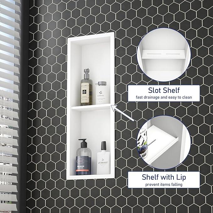 Stainless Steel Shower Niche 8"×24" White Double Shelves No Tiled Needed Niche Shower for Wall Recessed Shower Shelf for Bathroom Storage - ModernBath