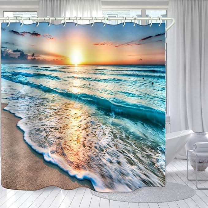 LYFANS Bathroom Uses Beach Sunset 3D Shower Curtain, Luxurious Bathtub Standard Shower Curtains, Waterproof and Bright Fabric Shower Curtains, Size (72x79 inches) - ModernBath