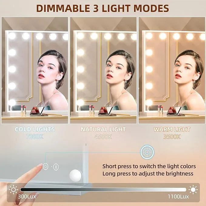 FENCHILIN Vanity Mirror with Lights and Bluetooth Speaker 22.8"x 18.1" Makeup Mirror Lighted Hollywood Mirror with 15 Dimmable LED Bulbs USB Charge Port, 3 Color Lighting Modes - ModernBath