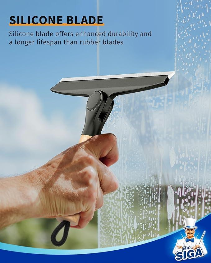 MR.SIGA All Purpose Silicone Squeegee for Shower Door, Mirror, Glass, Streak Free Shower Squeegee, Pivoting Bamboo Handle, Includes 1 Suction Hook, 10 inch Wide, Black, 1 Pack - ModernBath