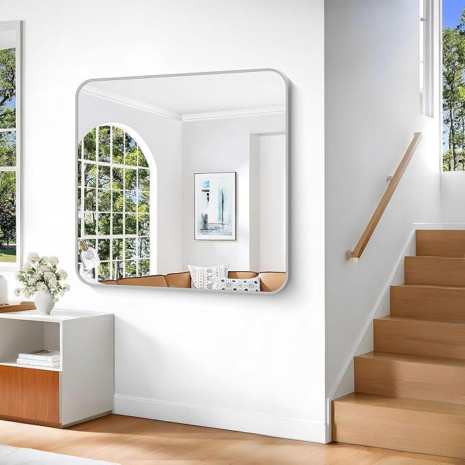 CIVENO Silver Bathroom Mirror, 42 x 42 Inch Silver Square Mirror, Metal Framed Rectangular Vanity Mirror, Rounded Corner Wall Mounted Mirror for Living Room Bedroom Entryway Hangs Horizontal/Vertical - ModernBath