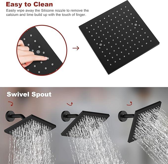 Lavatrum Premium Shower Head and Valve Set Wall Mount 8 Inch Rainfall Square Shower Faucet Single Spray with Rough-in Valve and Trim Kit for Bathroom(Matte Black) - ModernBath