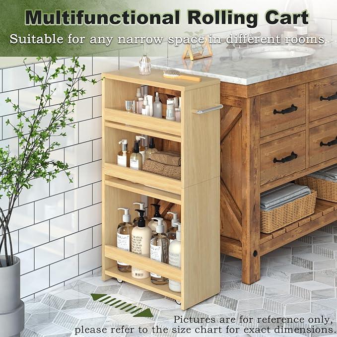 MARTY Rolling Storage Cart 7.9" W, 4-Tier Kitchen Cart with Wheels Handle, Slim Storage Cart Mobile Shelving Utility Carts for Bathroom Laundry Room Organization Narrow Places (Maple) - ModernBath