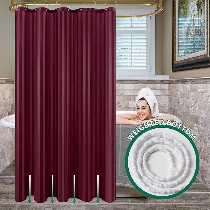 Biscaynebay Fabric Shower Curtain or Liner 72" by 72", Burgundy Water Repellent Damask Stripes Bathroom Curtains Machine Washable - ModernBath