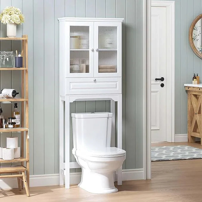 Spirich Over The Toilet Storage Cabinet with Muro Glass Doors, Over Toilet Bathroom Organizer with Tilt-Out Cube and Adjustable Shelf, White - ModernBath