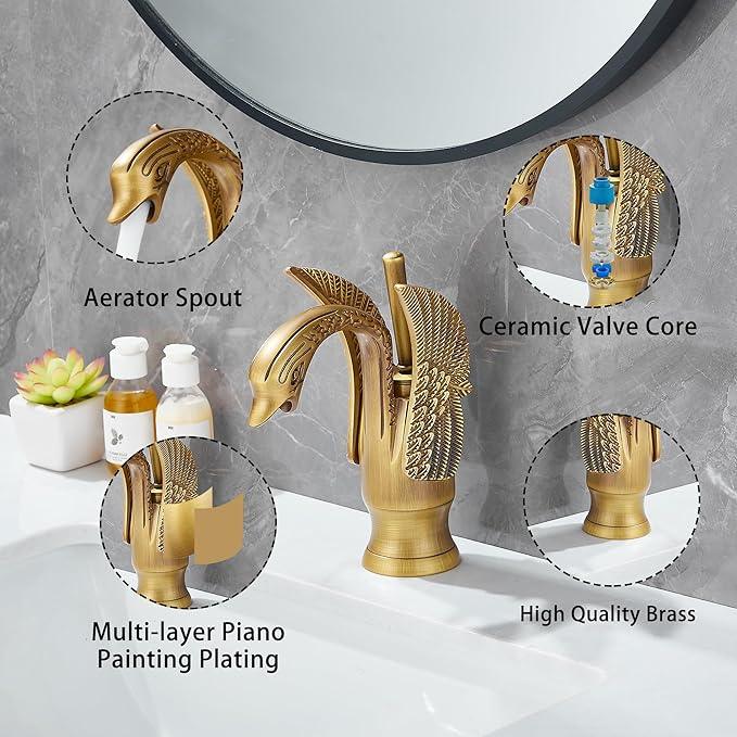 GGStudy Bathroom Faucet Antique Brass Swan Single Handle One Hole Bathroom Vanity Faucet Basin Tap Deck Mount Lavatory - ModernBath