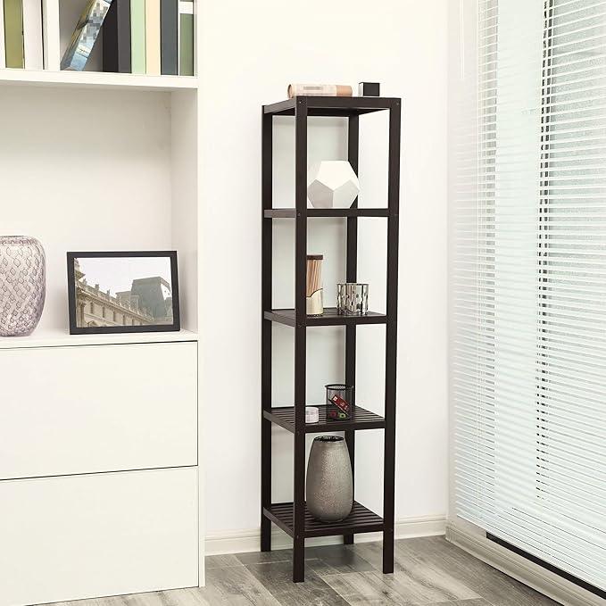 SONGMICS Bamboo Storage Shelf, 5-Tier Shelving Unit, Multifunctional, in the Entryway, Bathroom, Living Room, Balcony, Kitchen, 13 x 13 x 57.5 Inches, Brown UBCB55Z - ModernBath
