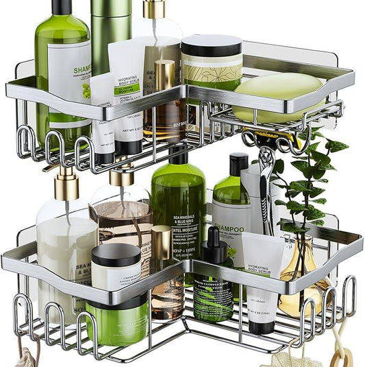 HapiRm Corner Shower Caddy with Shampoo Holder, Shower Organizer with 11 Hooks, No Drilling Rustproof Stainless Steel Bathroom Shelves - Silver (Only for 90 ° Right Angle) - ModernBath