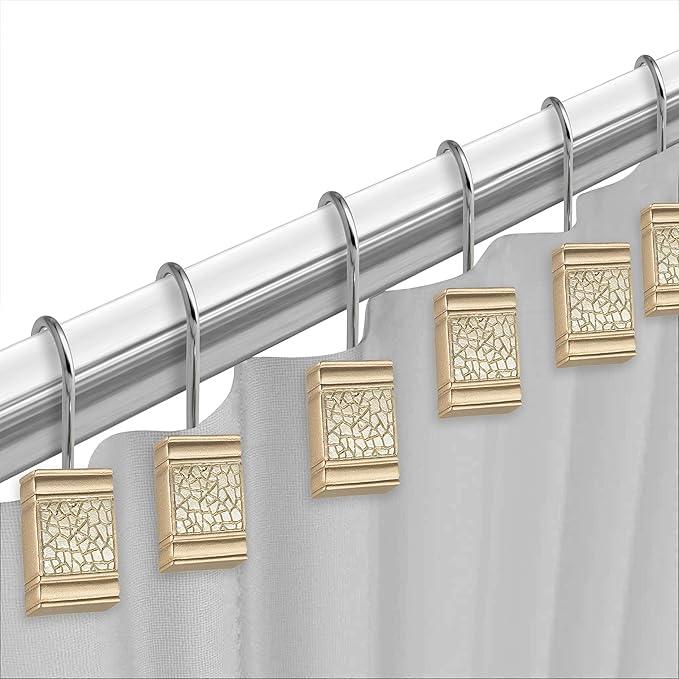 Zahari Home 13pc Sinatra Bathroom Shower Curtain Set - Gold Curtain & 12 Champagne Hooks - Luxury Fabric Bling Unique Beautiful Set - ModernBath