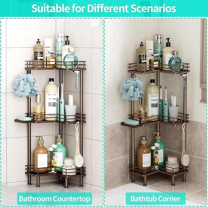 HapiRm Corner Shower Caddy Standing - 3 Tier Shower Organizer Corner with Soap Holder, Rustproof Bathroom Standing Organizer with 4 Hooks, Bronze - ModernBath