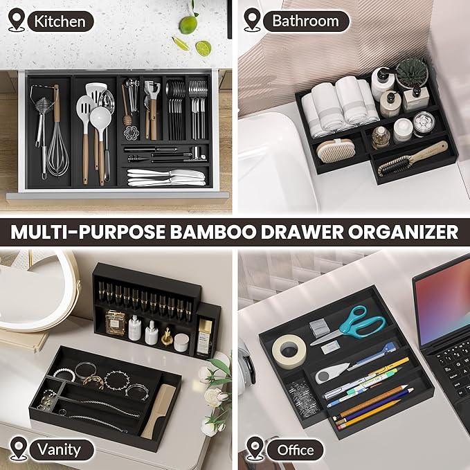 Kitchen Drawer Organizer Bins, Stackable Bamboo Drawer Organizer for Silverware, Coffee Pod Organizer K Cup Holder for Countertop, 2 Pcs Coffee Station Organizer Black 12" x 6" x 2.5" - ModernBath