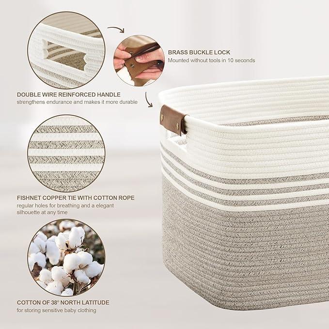 100L Extra Large Laundry Basket with Leather Handles for Living Room Storage, Woven Rope Baskets for Blanket, Kids Toy, Gifts, Wicker Hamper for Bedroom Dirty Clothes, 24"x16"x16" White Brown - ModernBath