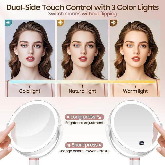 GOMIPURU Makeup Magnifying Mirror with Light 30X/1X, Digital Display, 2-Sided Touch Control, Makeup Mirror with 3 Color Lights,360° Rotate, Height Adjustable Lighted Magnifying Mirrors for Desk Travel - ModernBath