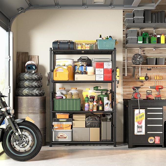 Storage Shelves 4-Tier Large Capacity Metal Shelving with Hooks, Heavy Duty Garage Shelving Unit with Leveling Feet, Stable Metal Shelves for Pantry, Kitchen and Closet,36" W x 12" D x 60" H, Black - ModernBath