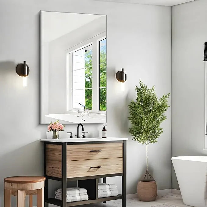KOCUUY Silver Bathroom Mirror, 48"x30" Rectangle Bathroom Mirror for Wall, HD Tempered Glass, Anti-Rust Brushed Silver Frame, Modern Design for Bathroom, Bedroom, Living Room, Entryway. - ModernBath