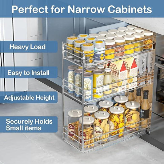 ROOMTEC Pull Out Spice Rack for Narrow Cabinet (8" W X 20½" D),3 Tier Heavy Duty Sliding Spice Cabinet Organization Shelf Racks, Pull Out Shelves Under Cabinet Storage for Kitchen - ModernBath