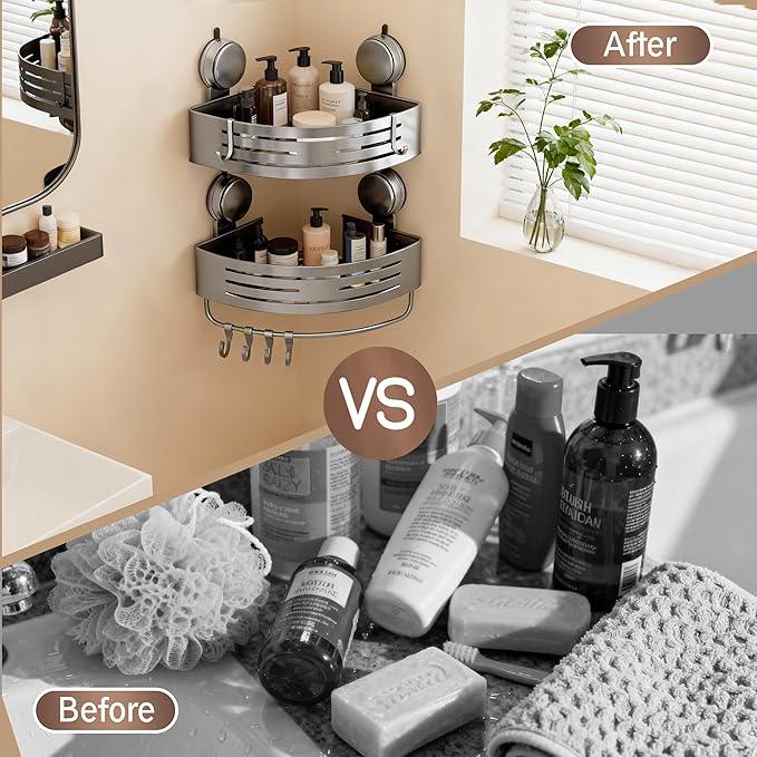 Structoline Corner Suction Cup Shower Caddy(2-Pack Gray),No-Drilling Aluminum Shower Shelf with Towel Bar & Hooks,Removable Bathroom and Kitchen Storage Organizer. - ModernBath