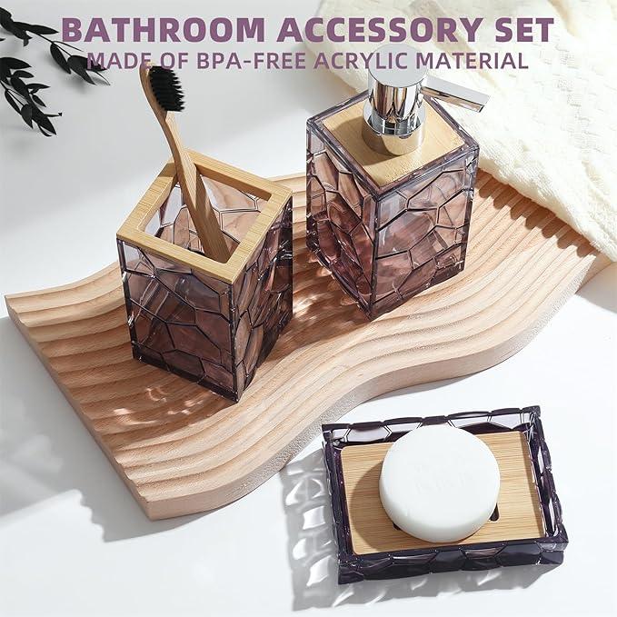 GAHEFY Lavender Purple Bathroom Accessories Set, Toothbrush Holder, Soap Dispenser, Cotton Swabs Holder, Soap Dish, Toilet Brush with Holder, Bamboo Bathroom Decor,Acrylic (Purple) - ModernBath