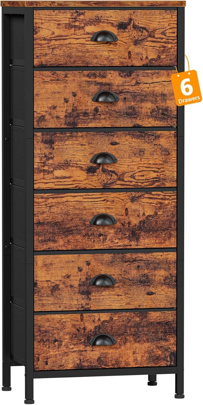Furnulem Tall Dresser with 6 Drawers,Vertical End Table and Nightstand for Bedroom,Industrial Dorm Bedside Furniture with Fabric Storage Drawer Organizer in Living Room,Closet,Entryway(Rustic Brown) - ModernBath