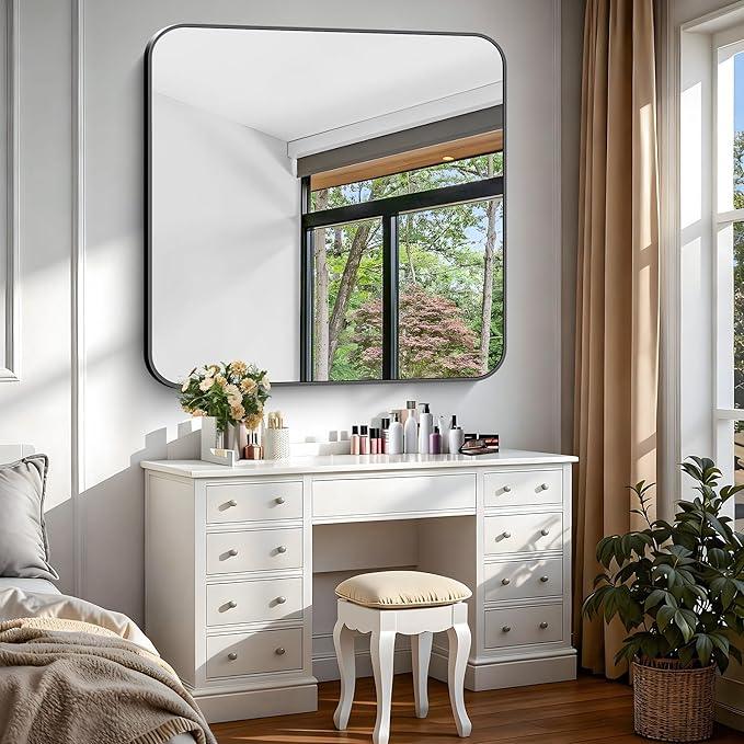 CIVENO Black Bathroom Mirror, 38x40 inch Aluminum Metal Frame Rectangular Vanity Mirror, Large Wall Mounted Rectangle Mirrors with Rounded Corner for Over Sink Bedroom Living Room Horizontal/Vertical - ModernBath