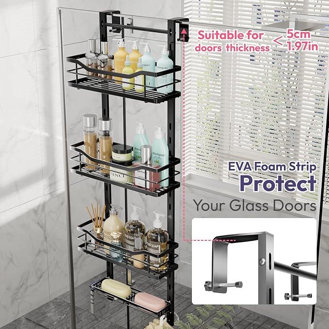 SWTYMIKI Over the Door Shower Caddy - 4 Tier Adjustable Shower Organizer Hanging with Soap Holder, No Drilling Stainless Steel Bathroom Rack Hanging for Body Wash, Shampoo, Soap, Razor, Black - ModernBath