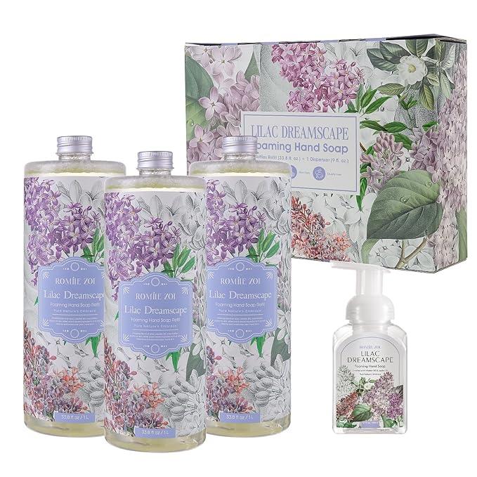 ROMIIE ZOI Lilac Foaming Hand Soap Refill Gift Set – 3 Pack (33.8 Fl Oz Each) with Refillable Dispenser, Soft Floral Scent, Moisturizing, Biodegradable & Chemical-Free Formula for Bathroom, Kitchen - ModernBath