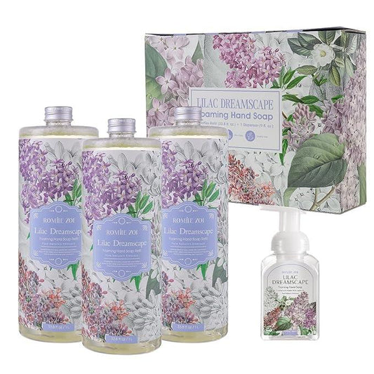 ROMIIE ZOI Lilac Foaming Hand Soap Refill Gift Set – 3 Pack (33.8 Fl Oz Each) with Refillable Dispenser, Soft Floral Scent, Moisturizing, Biodegradable & Chemical-Free Formula for Bathroom, Kitchen - ModernBath