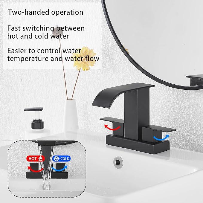 Bathroom Faucet Matte Black Modern GGStudy 2 Handles 4 Inches Centerset RV Black Waterfall Bathroom Vanity Faucet with Drain Assembly - ModernBath