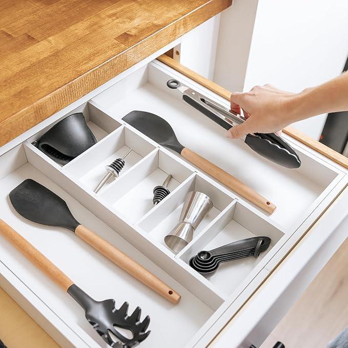 KitchenEdge Adjustable Kitchen Drawer Organizer for Utensils and Junk, Food-Safe Contract Grade with 100% Sustainable Wood, Expandable from 19 to 33 Inches Wide - White Bamboo - ModernBath