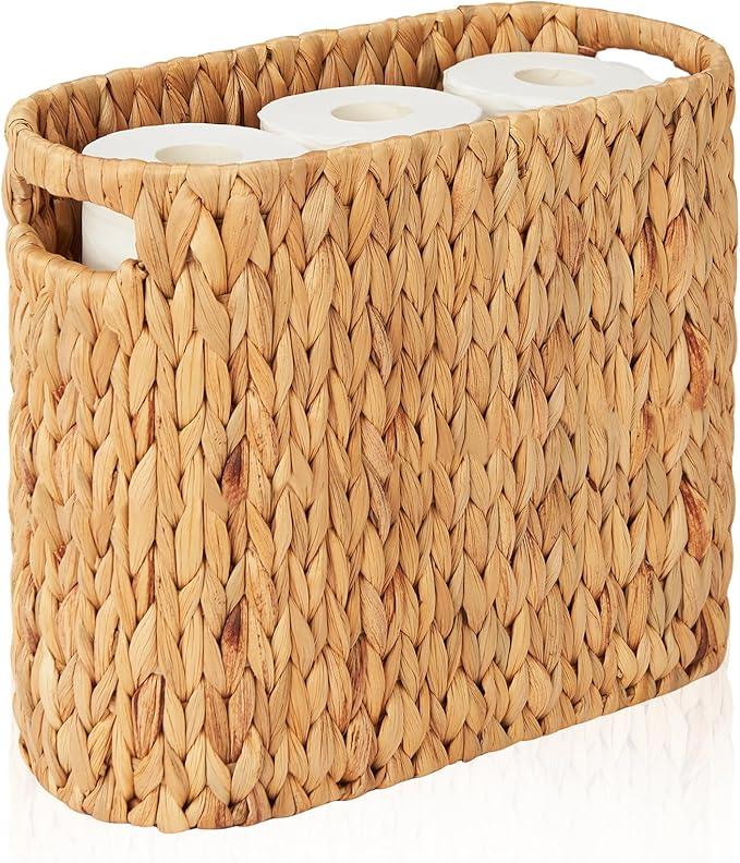 FairyHaus Wicker Toilet Paper Storage Basket with Buit-in Handles, 9 Rolls Natural Water Hyacinth Toilet Paper Holder Stand with Storage, Freestanding Handwoven Toilet Paper Holder Basket for Bathroom - ModernBath
