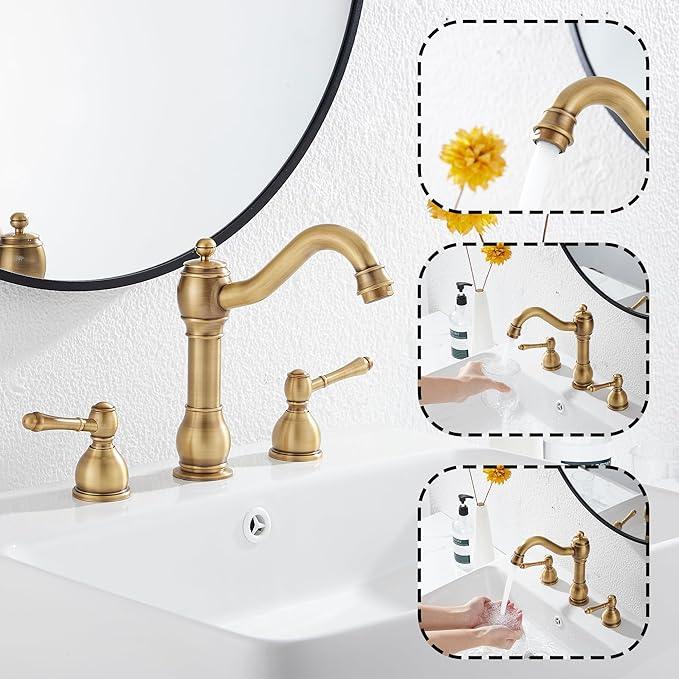 GGStudy 2 Handles 3 Holes Faucet Widespread Bathroom Sink Faucet Basin Tap Mixer Supply Hose Included Matching Pop Up Drain Antique Brass - ModernBath