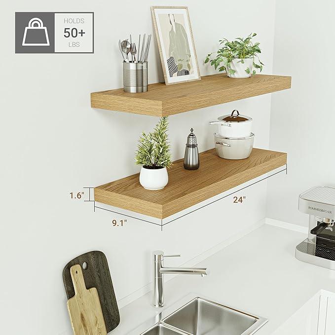 Vivelove Oak Floating Shelves 24 inchs Long, 9.1” Deep Bathroom Shelves Wall Mounted for Bedroom, Living Room, Kitchen, Office, Rustic Home Decor, Wall Shelves with Invisible Brackets, Set of 2 - ModernBath