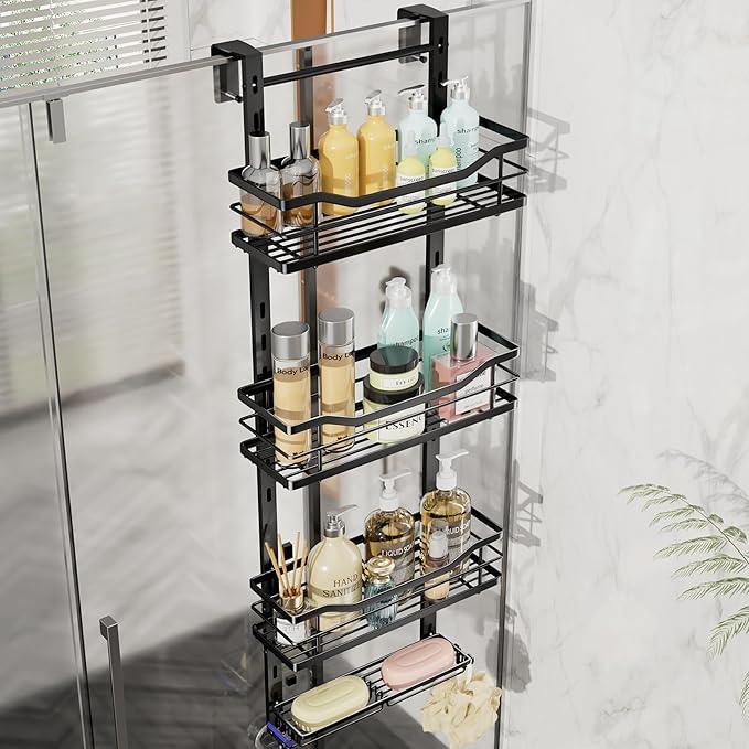 SWTYMIKI Over the Door Shower Caddy - 4 Tier Adjustable Shower Organizer Hanging with Soap Holder, No Drilling Stainless Steel Bathroom Rack Hanging for Body Wash, Shampoo, Soap, Razor, Black - ModernBath