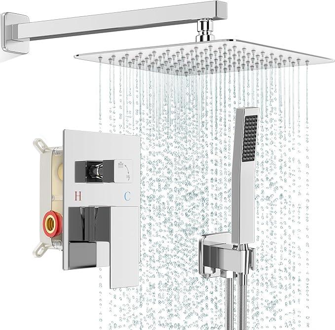 FPXRNG Shower Faucet Set Bathroom Square Rain Shower Head and Handle Set, Wall Mounted Shower Fixtures, Full Metal Trim Repair Kit 12 inch Polished Chrome (With Shower Valve) - ModernBath