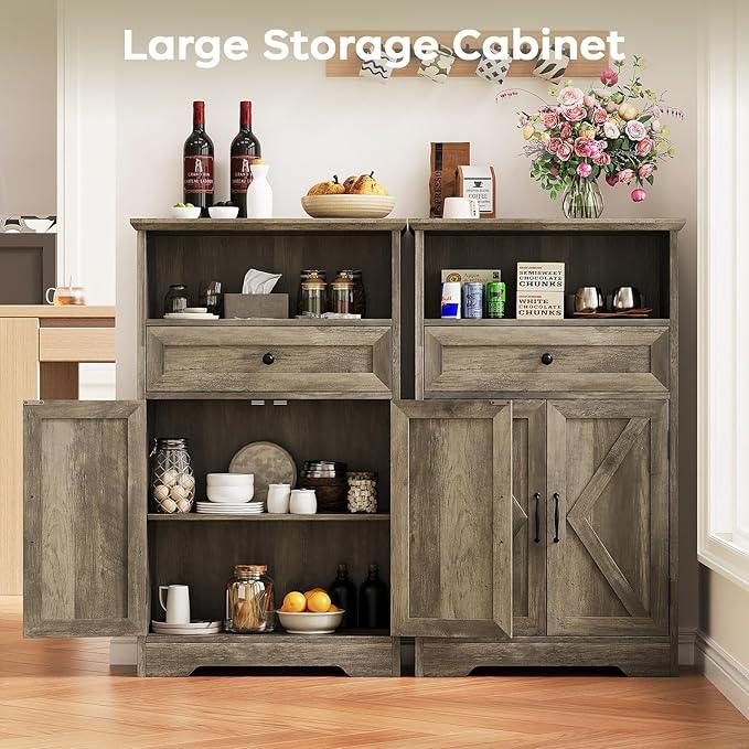 Floor Cabinet, Farmhouse Storage Cabinet with Barn Doors and Drawer, 11.81" D x 23.62" W x 39.37" H Grey Freestanding Adjustable Shelf Organizer for Bathroom, Kitchen, Living Room - ModernBath