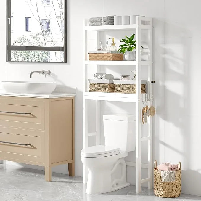 Smiry Over The Toilet Storage Cabinet, 3-Tier Bamboo Bathroom Organizers with Adjustable Shelf & 4 Hooks, Space Saving Shelf Rack for Bathrooms, Laundry Room, Balcony, White - ModernBath